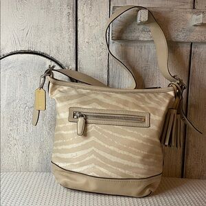 Coach Legacy Zebra Print Duffel bag purse tan cream canvas leather signature